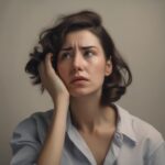 A portrait of a woman with her hand on her head, looking regretful after making a mistake, capturing a thoughtful and reflective expression.