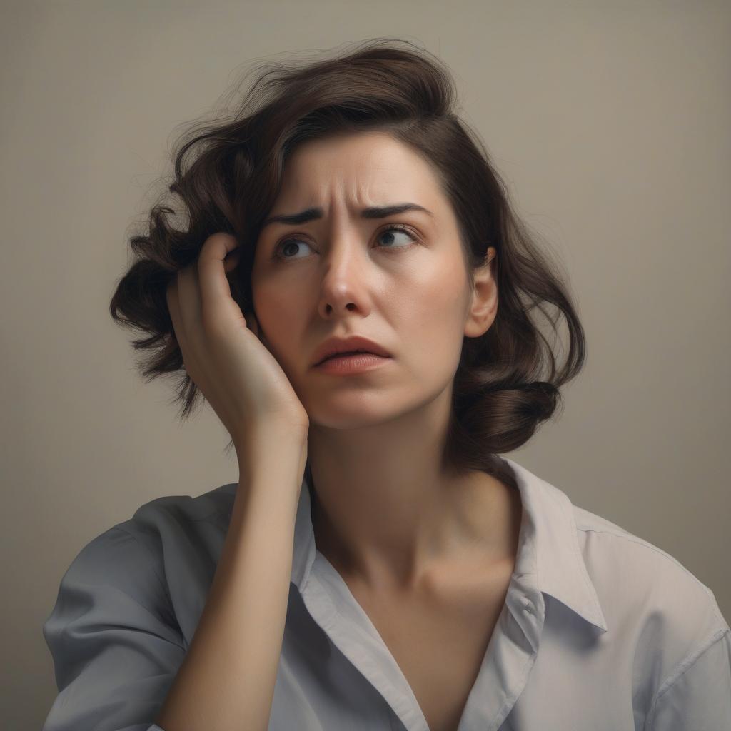 A portrait of a woman with her hand on her head, looking regretful after making a mistake, capturing a thoughtful and reflective expression.