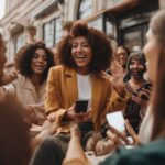 A photograph of a woman acting as an influencer, engaging with her audience through a smartphone, showcasing authentic interaction and vibrant energy.